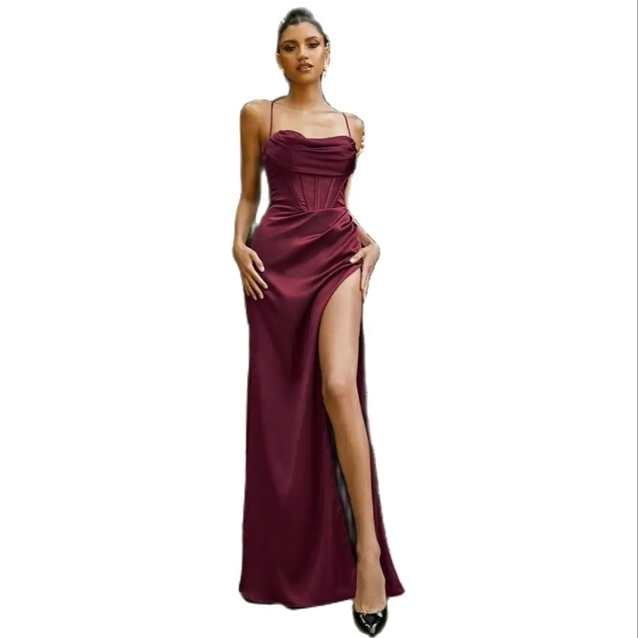 

Sexy Straight Burgundy Spaghetti Straps Evening Party Gowns 2022 Floor Length Sweep Train Satin Side Slit Wedding Guest Dresses