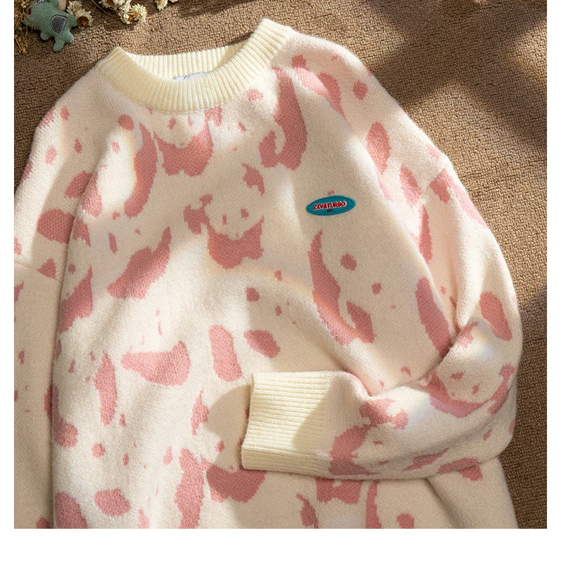 

Pink Contrasting Colors Women's Clothing Sweater Fashion Retro Crew Neck Pullover Winter Long Sleeves Cartoon Knitting Tops
