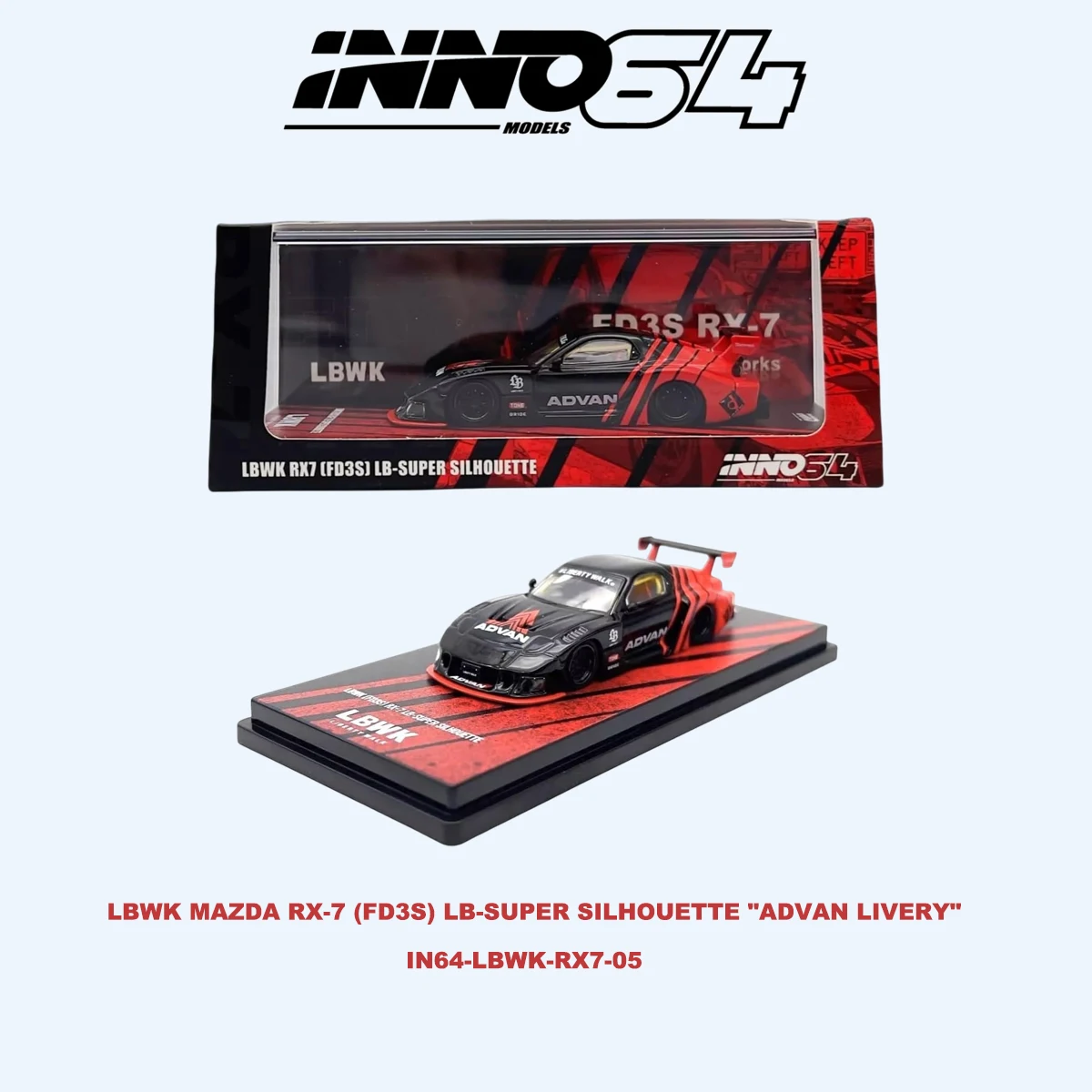Фото INNO64 1:64 LBWK Mazda RX-7 FD3S 3 варианта исполнения: белый, синий # 1 / Зеленый апельсин # 55 / Черно-красная модель автомобиля из литого металла в наличии №5
