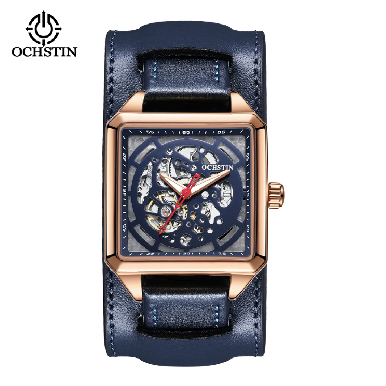 

OCHSTIN Leather Strap Square Men's Mechanical Watches Male Retro Waterproof Casual Simple Automatic Hollowed Out Wristwatches
