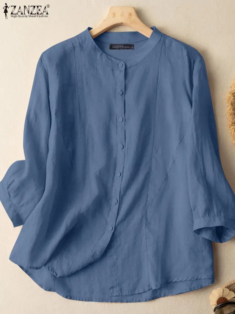 

2023 ZANZEA Vintage Blouse Women Fahsion O Neck 3/4 Sleeve Shirt Autumn Female Cotton Blusas Chemise Casual Buttons Tunic Tops
