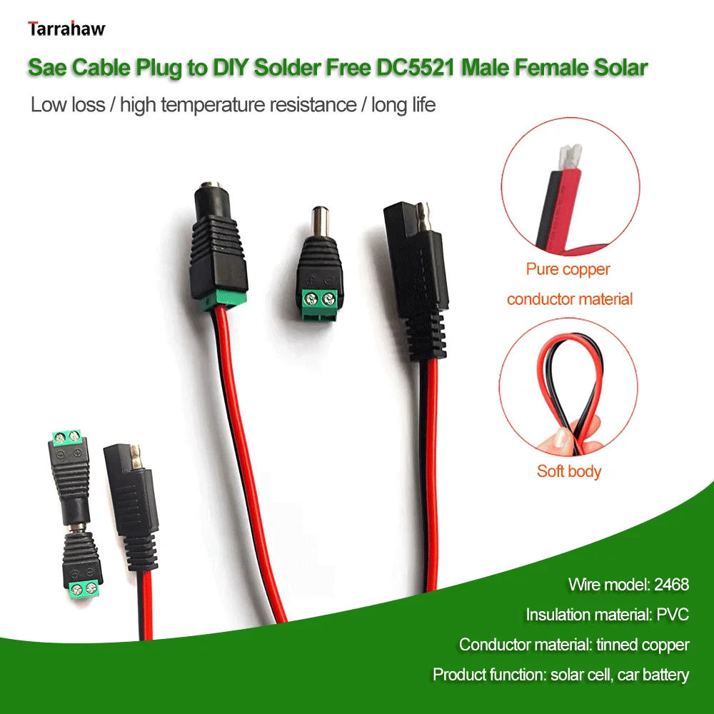 

Sae Cable Plug to DIY Solder Free DC5521 Male Female Solar Power Cord PV Energy Storage Converter Battery Connector Retrofit Kit