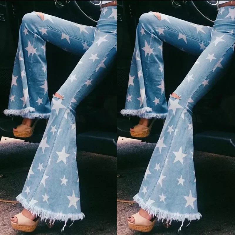 

Woman Fashion Skinny Star Shape Printed with Tassel Stretchy Denim Jeans Sexy High Street Bell Bottoms Vintage Flare Pants