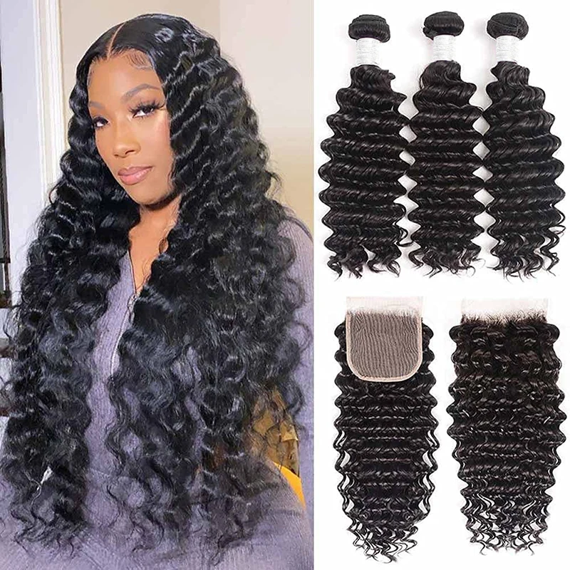 

Malaysian Deep Wave 3/4 Bundles with Lace Closure 4X4 Free Part Unprocessed Virgin Human Hair Deep Curly Bundles With Closure