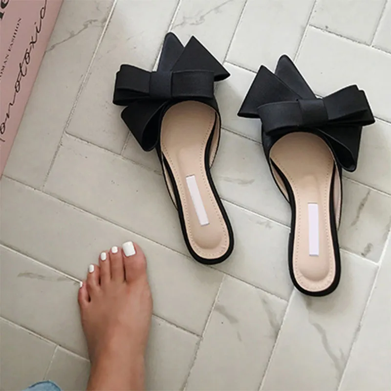 Women's Summer Fashion Outwear Versatile Pointed Lazy Half Tug Big Bow Tie Baotou Women's Slippers