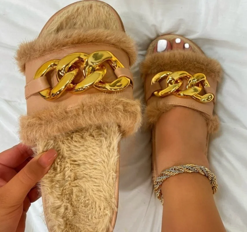 2023 Winter Plush Slippers Fashion Open Toe Solid Color Women's Sandals Metal Chain Outdoor Casual Women's Shoes  Fashion Shoes