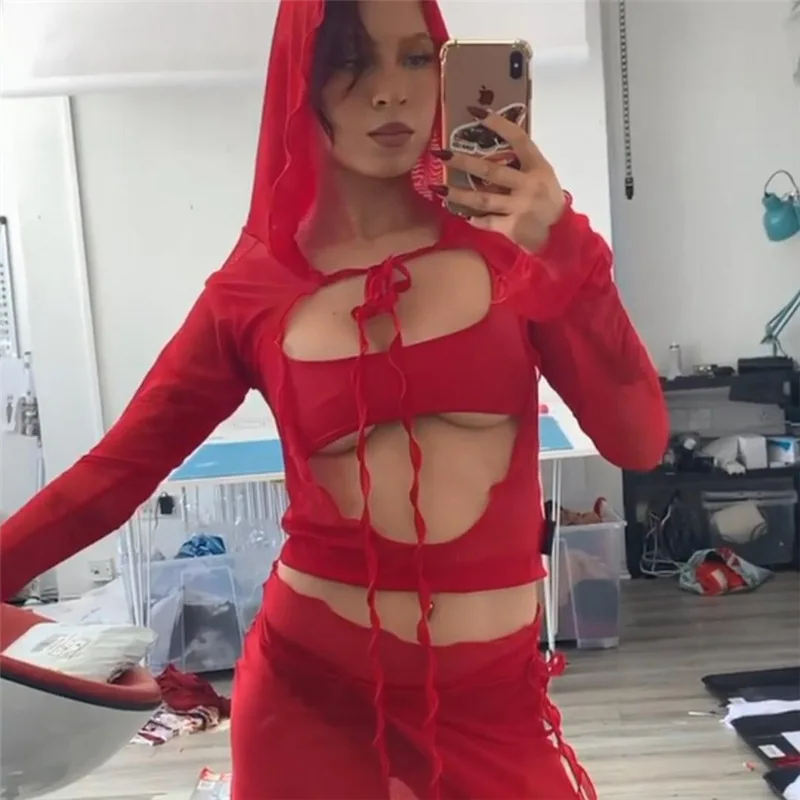 

Укороченный топ, футболка, Женская сетчатая облегающая Прозрачная Футболка с длинным рукавом и капюшоном