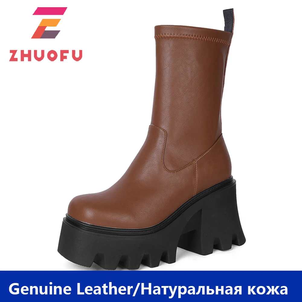 

ZHUOFU 2022 New Genuine Leather Slip On Women Boots Winter Ankle Boots Vintage Thick High Heels Platform Shoes Fleece Keep Warm