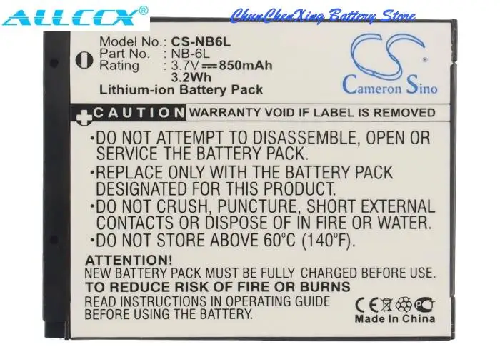 

850mAh/1000mAh Battery NB-6L, NB-6LH for Canon Digital IXUS 200 IS IXUS 210,IXUS 105,IXUS 300HS,IXUS 310 HS, 85 IS