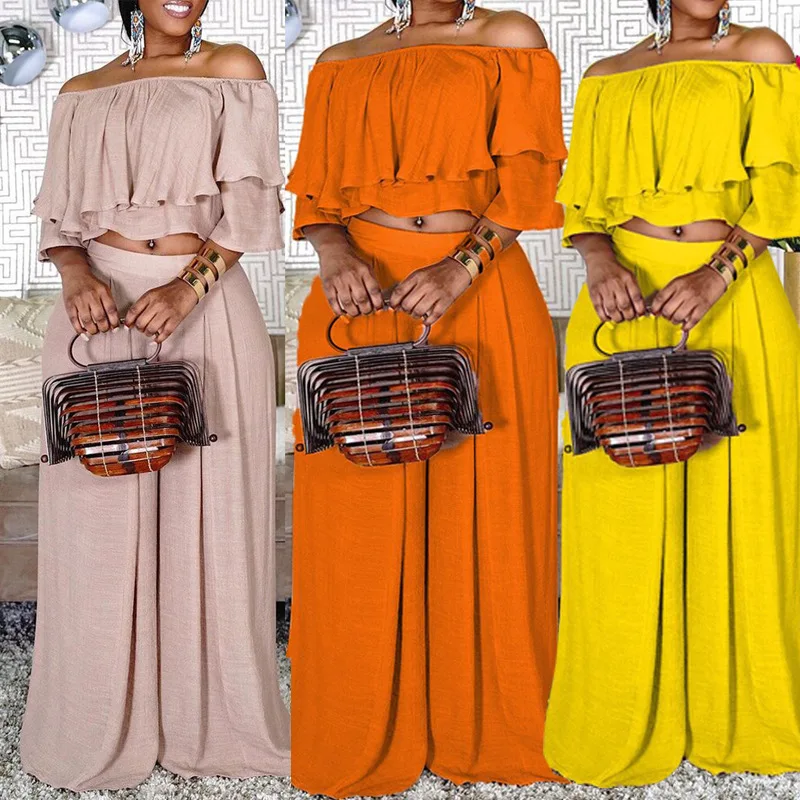 

Summer African Off Shoulder Slash Ruffle Clothes for Women 2 Piece Set Top Pants Set Elegant Beach Matching Sexy Outfits Summer