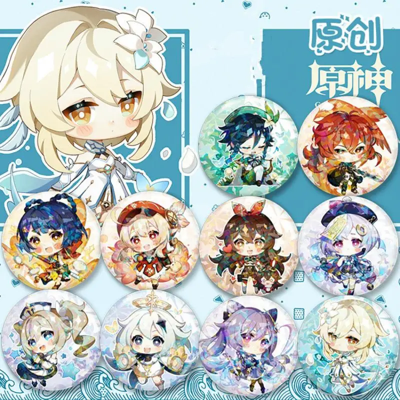 

58 мм, оптовая продажа, Genshin, строительная жестяная Оловянная кнопка, булавки, голографический круглый мультяшный значок аниме, коллекционны...