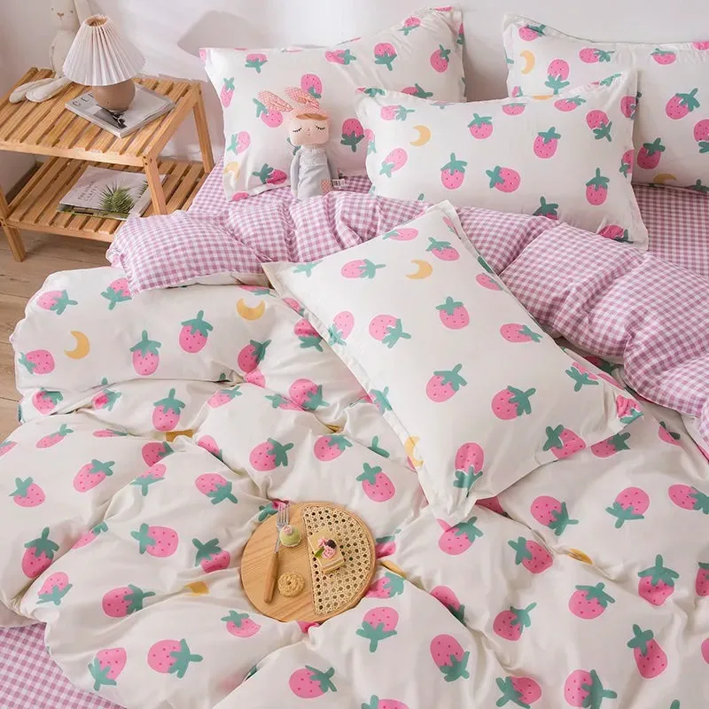 

Strawberry Bedding Sets Flowers Printed Bed Linen Duvet Cover Flat Sheet Pillowcase Queen Single Full Size Home Textiles