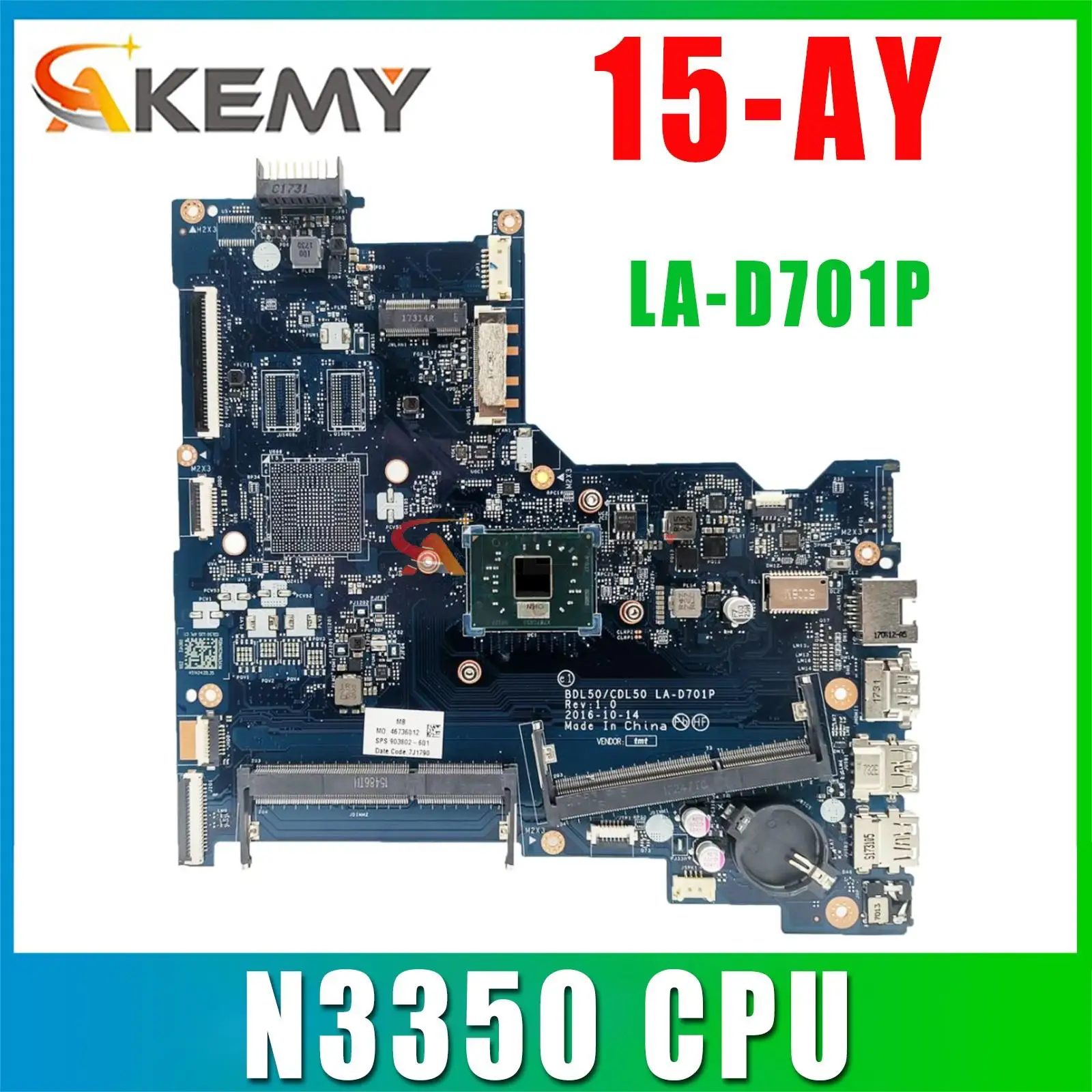 

903802-601 Motherboard DBL50/CDL50 LA-D701P N3350 for HP 15-AY Series 15T-AY100 NoteBook PC Laptop Mainboard 903802-001 Tested