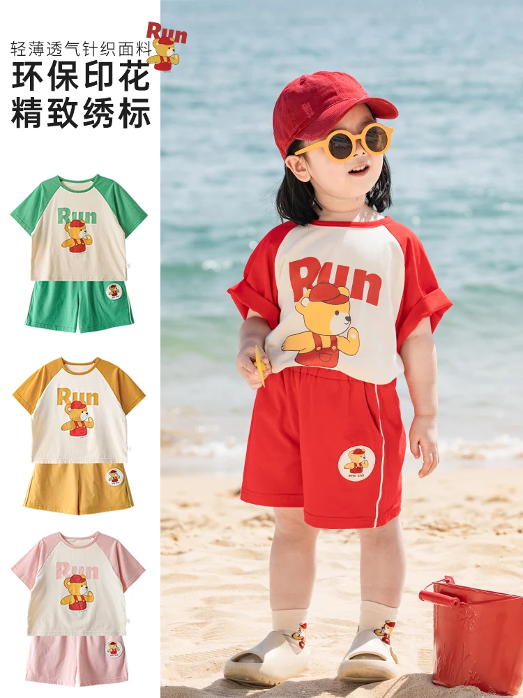 

2022 Summer New Children Shirt Shorts Baby Girls Loose Leisure Bear Print Embroidered Raglan Sleeve Tracksuit