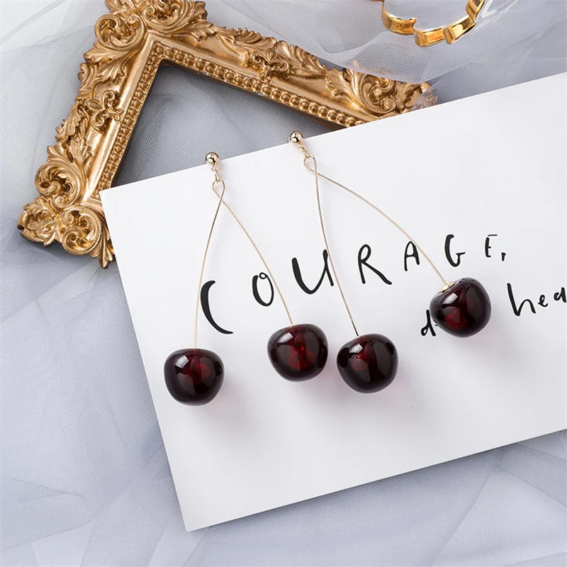 

S925 Sterling Silver Needle Burgundy Cherry Earrings New Cute Fruit Long Show Face Thin Earrings Women's Retro Pendant Gift