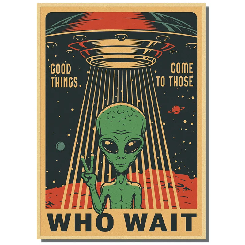 Ретро космические приключения мультфильм искусство НЛО плакат астронавт и