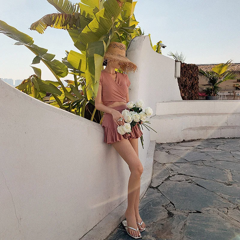 

2022 New Korean Bikini Set Mesh Short Sleeve Swimwear High Waist Swimwear Solid Color Beachwear Bikini Bodysuit Pad Swim Skirt