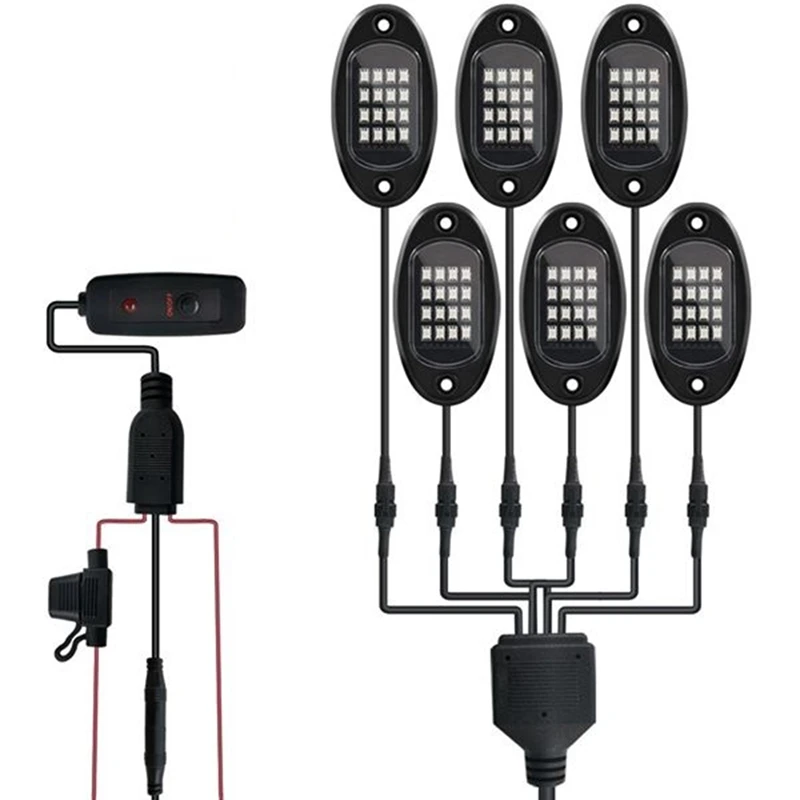 

6 Pods RGB LED Rock Lights Kit Waterproof Car Underglow RGB Chassis Decorative Music Lamps for Jeep Car ATV SUV