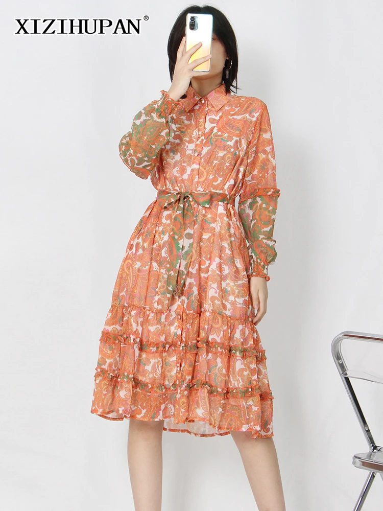 

XIZIHUPAN Vintage Print Mini Dress For Women Lapel Long Sleeve Lace Up Colorblock Mini Dresses Female 2022 Spring Fashion Style