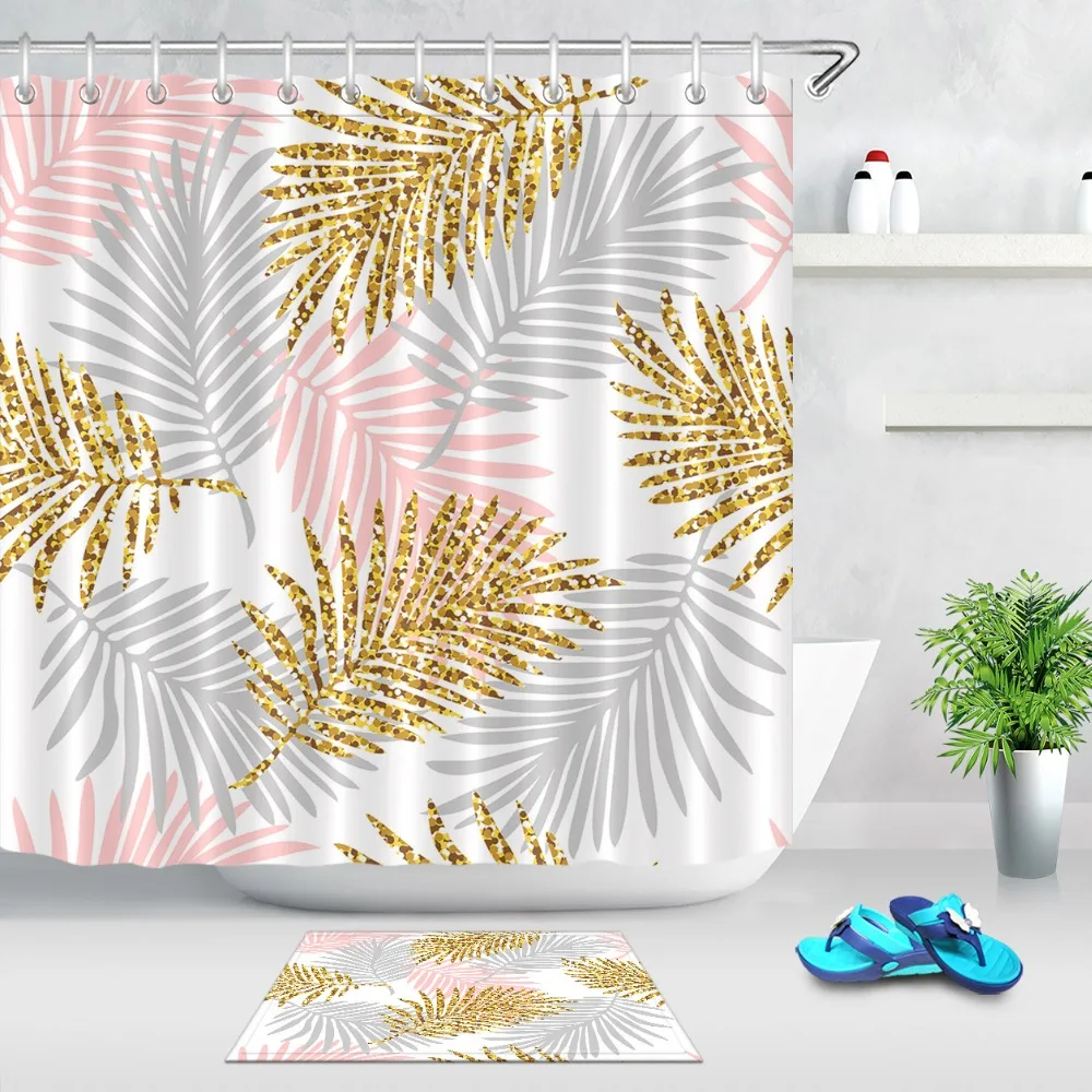 

Тропическая листья монстеры и Золотая блестящая белая душевая занавеска с ковриком набор для ванной водонепроницаемая ткань для декора ванной комнаты