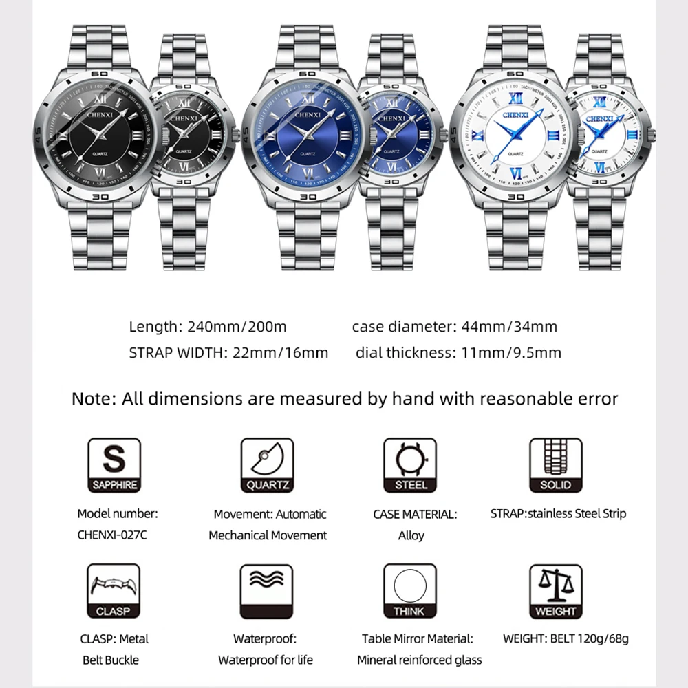 Hot Sales CHENXI Business Luxury Top Brand Couple Lovers Mens Women Clock 30M Waterproof Luminous Stainless Steel Quartz Watch