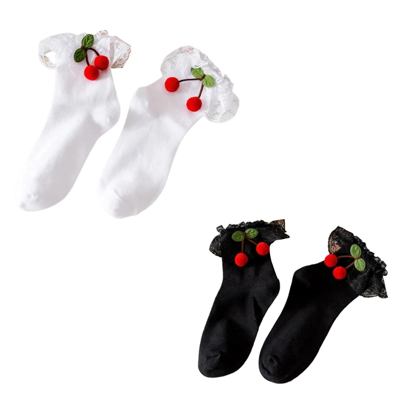 

Women Ruffled Lace Crew Socks Plush Cherry Bow Princess Hosiery 37JB