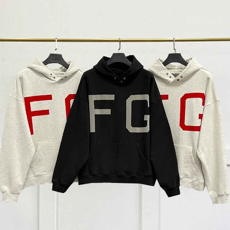 

Fashion FG Flocked Printing Letter Essentials Hoodie Season 7 High Quality Men's Sweatshirt Hip Hop Loose Unisex Pullover