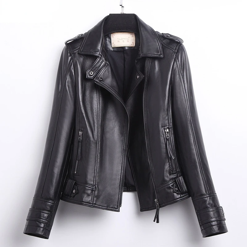 

Женская короткая мотоциклетная куртка, черная куртка из овечьей кожи, модель Xhl435 на весну и осень, 100%