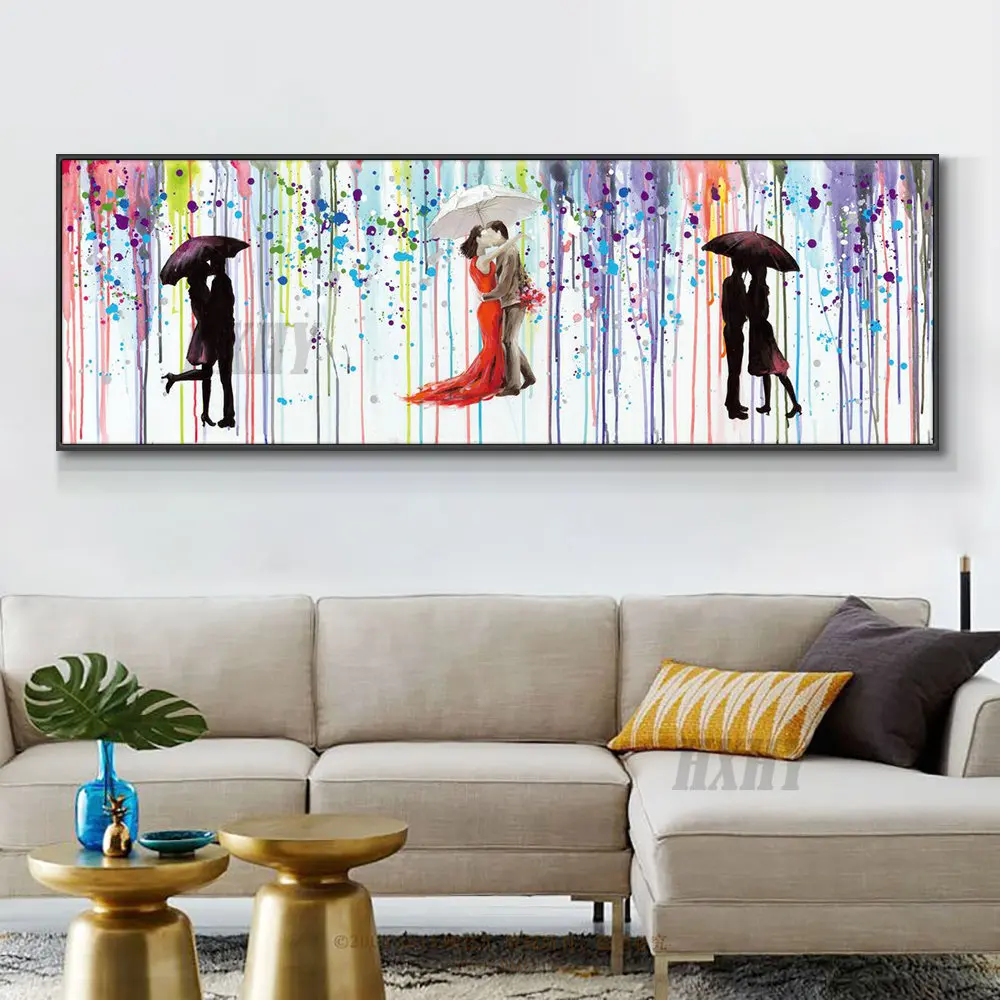

Abstract Lovers Kiss Under Umbrellas In The Rain Oil Painting On Canvas 100% Hand Painted Wall Art For Living Room Decoration