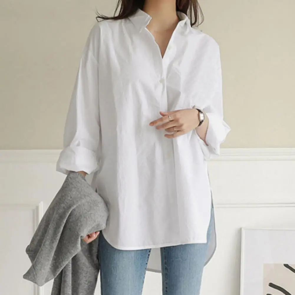 

Women Casual Long Shirt Turn-Down Collar Solid Color Long Sleeve Single Breasted Oversize Loose Blouse ropa mujer блузка женская