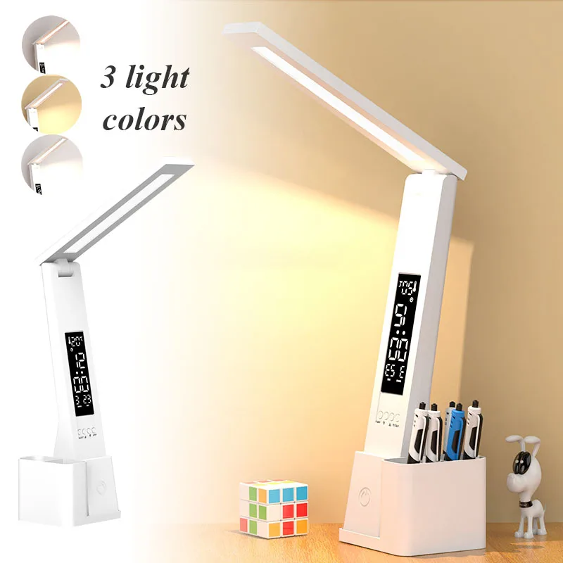 

LED Desk Lamp USB Dimmable Touch Foldable Table Lamp With Calendar Temperature Clock Eye Potection For Study Reading Night Light