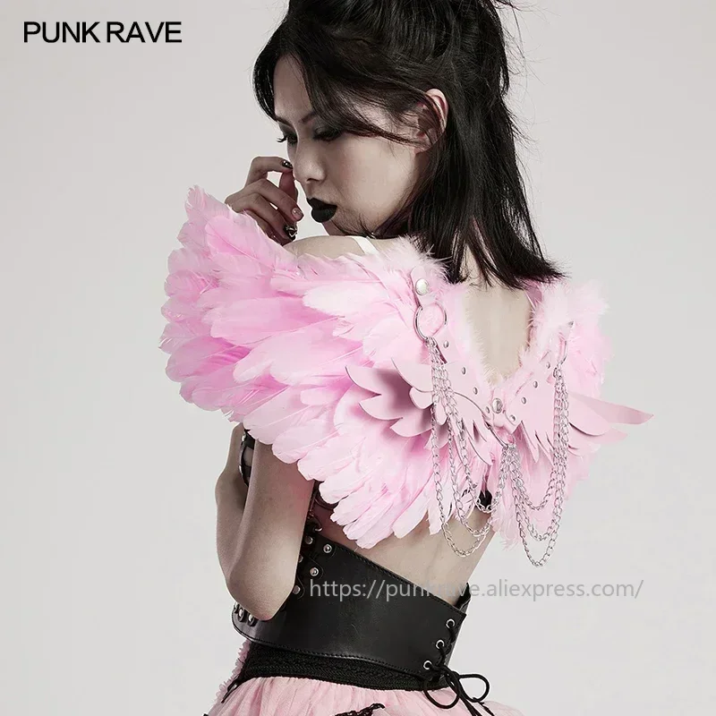 Фото Женский ремень-нагрудник PUNK RAVE в стиле панк с яркими дьявольскими перьями и кожаными крыльями, со съемными цепями, для вечеринок, клубов, Хэллоуина №2