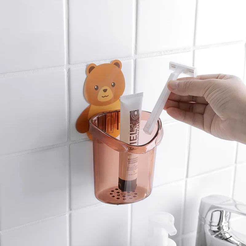 

Toilet Punch-free Wall-mounted Drain Bear Toothbrush Cup Storage Rack Bathroom Drain Bear Cups Toothpaste Storage Cups