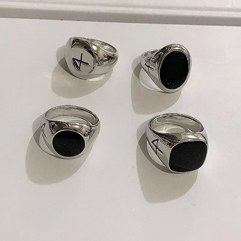

Net star punk cool glossy silver ring black gem engraved number 4 retro lovers pair ring plate ring free shipping