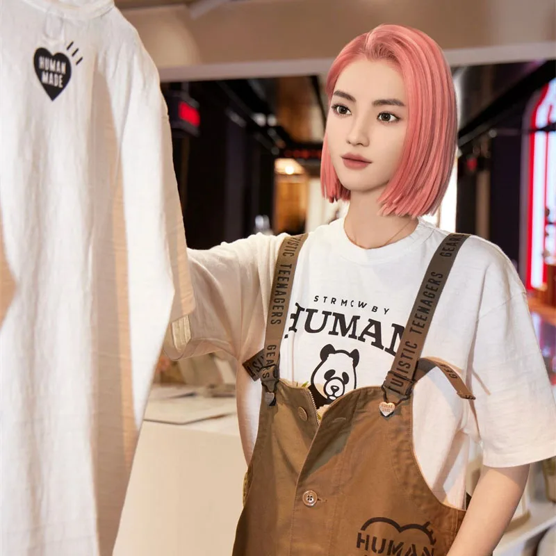 

HUMAN MADE Extra Large Letter Little Bear Print 1:1 Slub Cotton Cylinder Black And White Short Sleeve T-Shirt