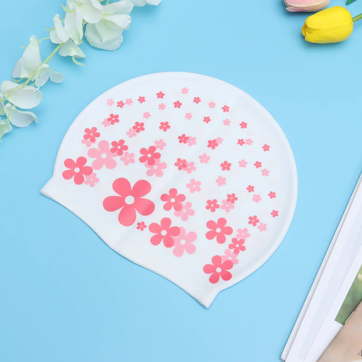 

Swim Cap Silicone Swimming Hats Red Flower Design Bathing Caps for Toddler Boys Accessories Woman Hump
