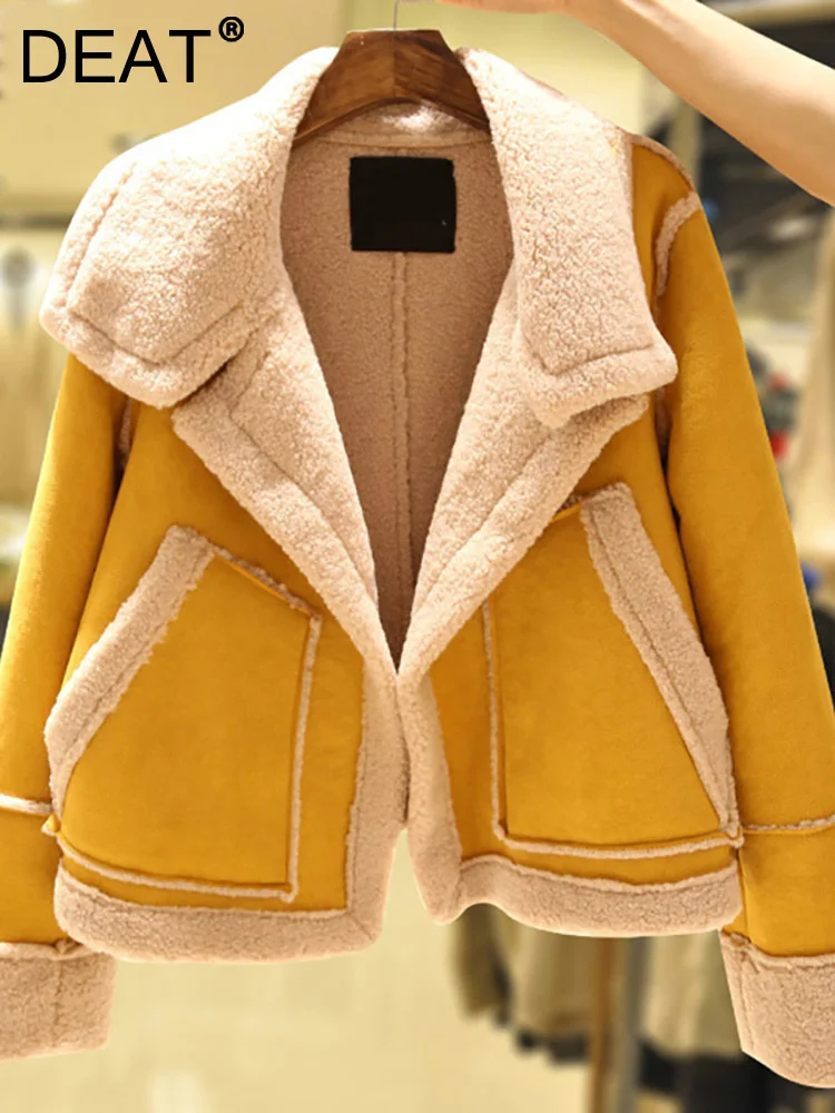 

DEAT Fashion Women's Jackets Lapel Patchwork Pocket Thickened Cashmere Lamb Fur One Wool Coat Female Winter 2023 New 7I1711