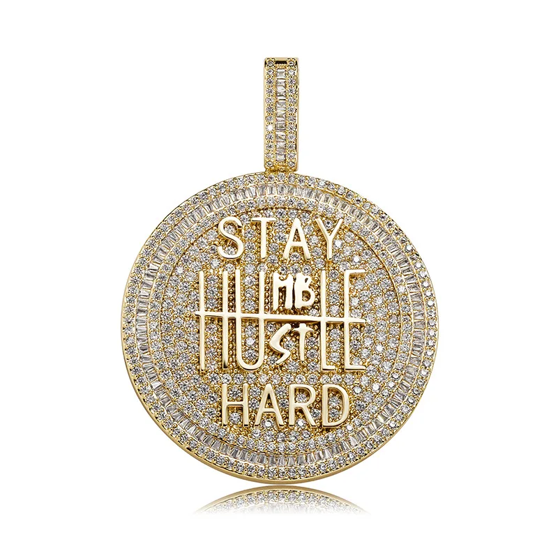 

Hip Hop STAY HARD Circular Pendant With Chain Bling Micro Pave Zircon Necklace Mens Jewelry