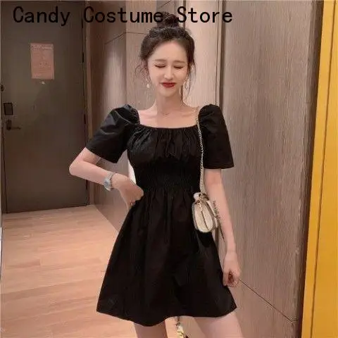 

Puff Sleeve Solid Summer Sexy Female Clothes Elegant Cozy Soft All-Match Simple Party Korean Style Retro Dresses Women