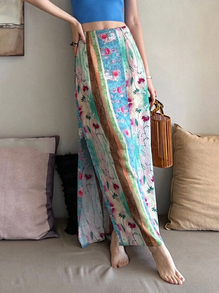 

Summer New Oil Painting Art Printing Skirts Sexy High Waist Skirt for Women Y2k Aesthetics Mid-length Split Faldas Mujer