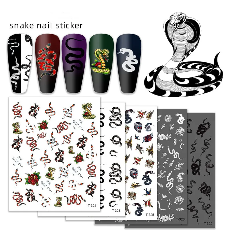 

3Sheets Nail Art Stickers Black And White Snake Design Self-Adhesive Nail Decals DIY Manicure Decorations Accessories Supplies