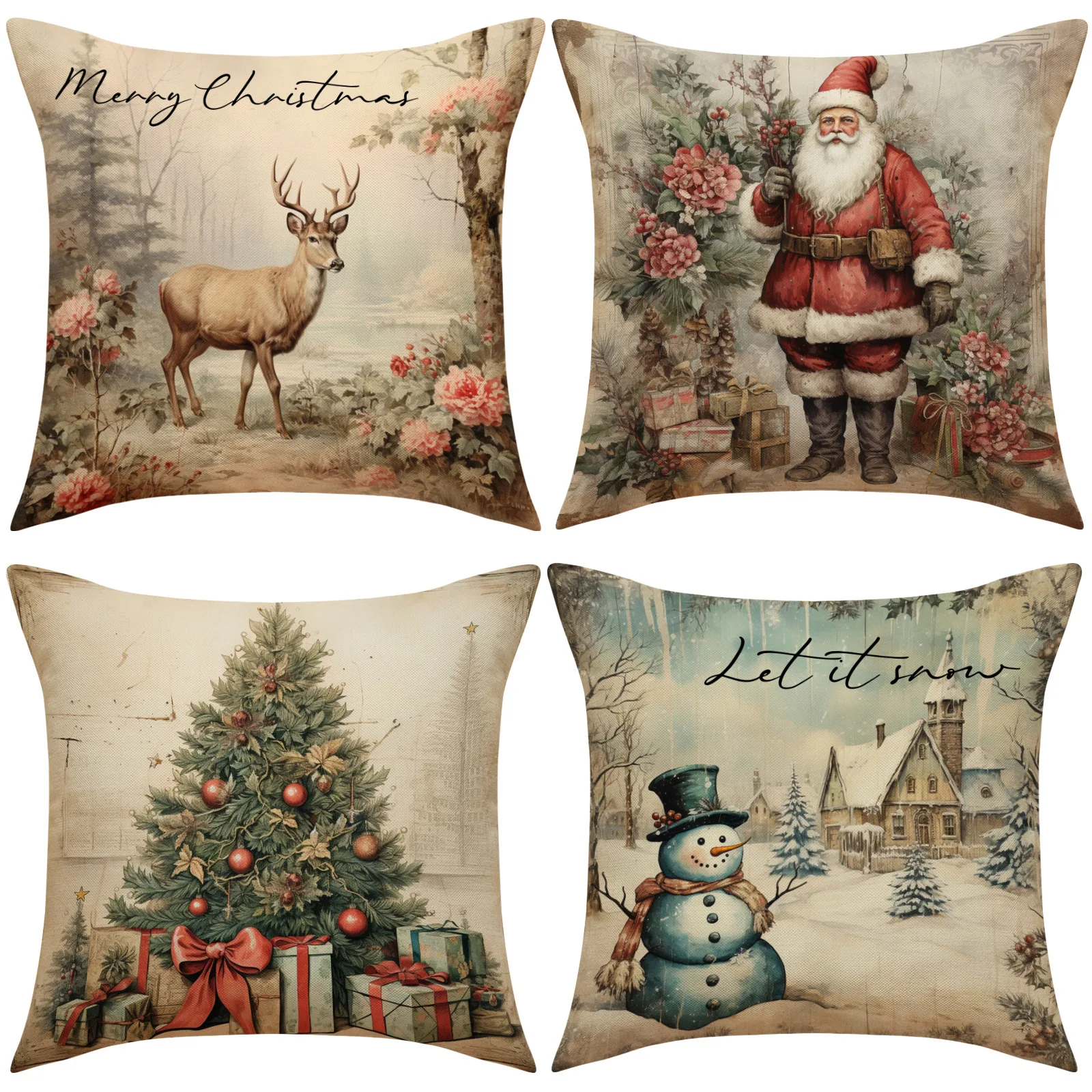 

Retro Christmas Pillowcase Sata Claus Snowman Elk Sofa Cushion Cover Let it Snow Merry Christmas Decorative Car Pillow Case