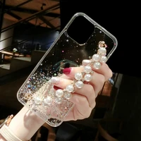 fashion shiny diamond pearl chain wristband girl soft case for iphone 11 12 13 pro max 7 8 plus mini xr x xs se 2 cover fundas