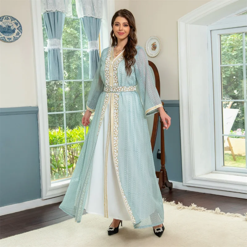 Elegant Turkish Abayas Muslim 2 Pieces Set Kaftan Dubai Luxury Diamonds Arabic Dresses Floral Embroidery Lace Tape Belted Dress