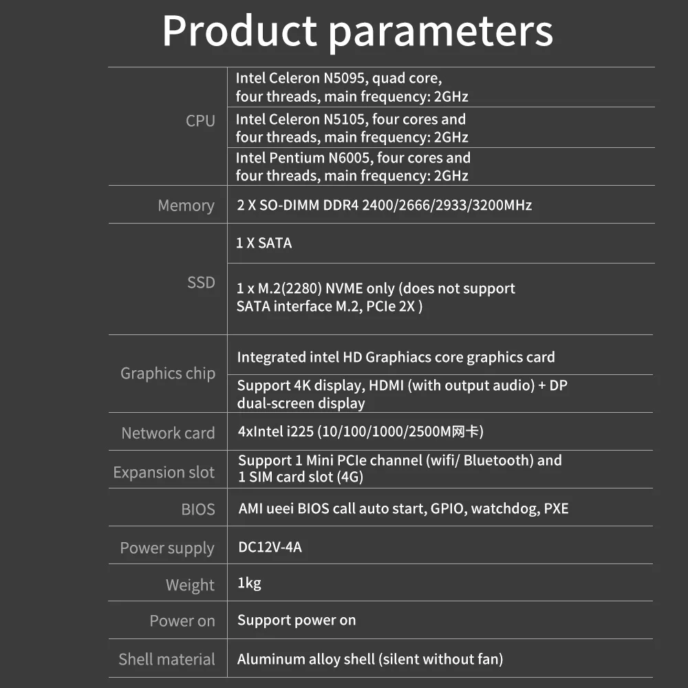 Soft Router Intel i225/i226 2.5G N5105 Fanless Mini PC 2xDDR4 NVMe 4xLAN VGA pfSense OPNsense Firewall VPN Server |