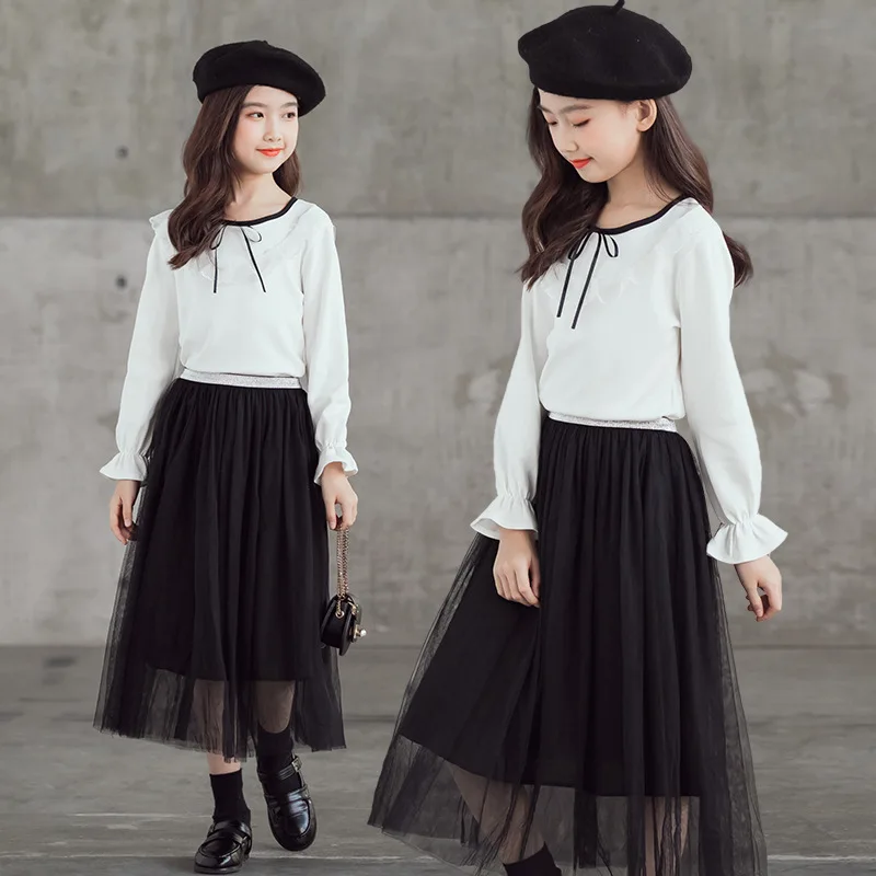 

2022 spring Girls Summer Dress Clothing lace T-shirt Shirt + Elastic waist Two levels mesh Skirt teenager 6 7 8 9 10 11 12 year
