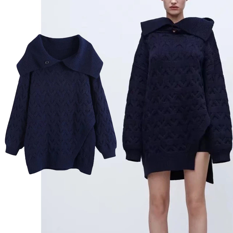 

ZA 2022 Women Solid Long Knitted Sweater Autumn Winter Long Sleeve Sweater Turn-down Collar Soft Warm Casual Vintage Outwear