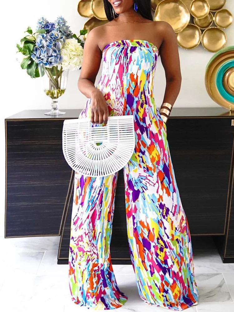 

Sexy Off Shoulder Women Office Romper Summer Female Chest Wrap Wide Leg Playsuit Overalls Fashion Pattern Print Party Jumpsuit
