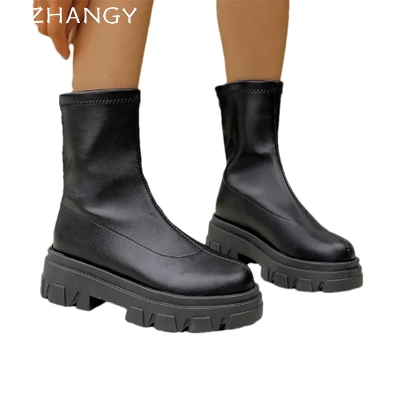 Женские кожаные зимние ботинки обувь на плоской подошве женская трендовая мода