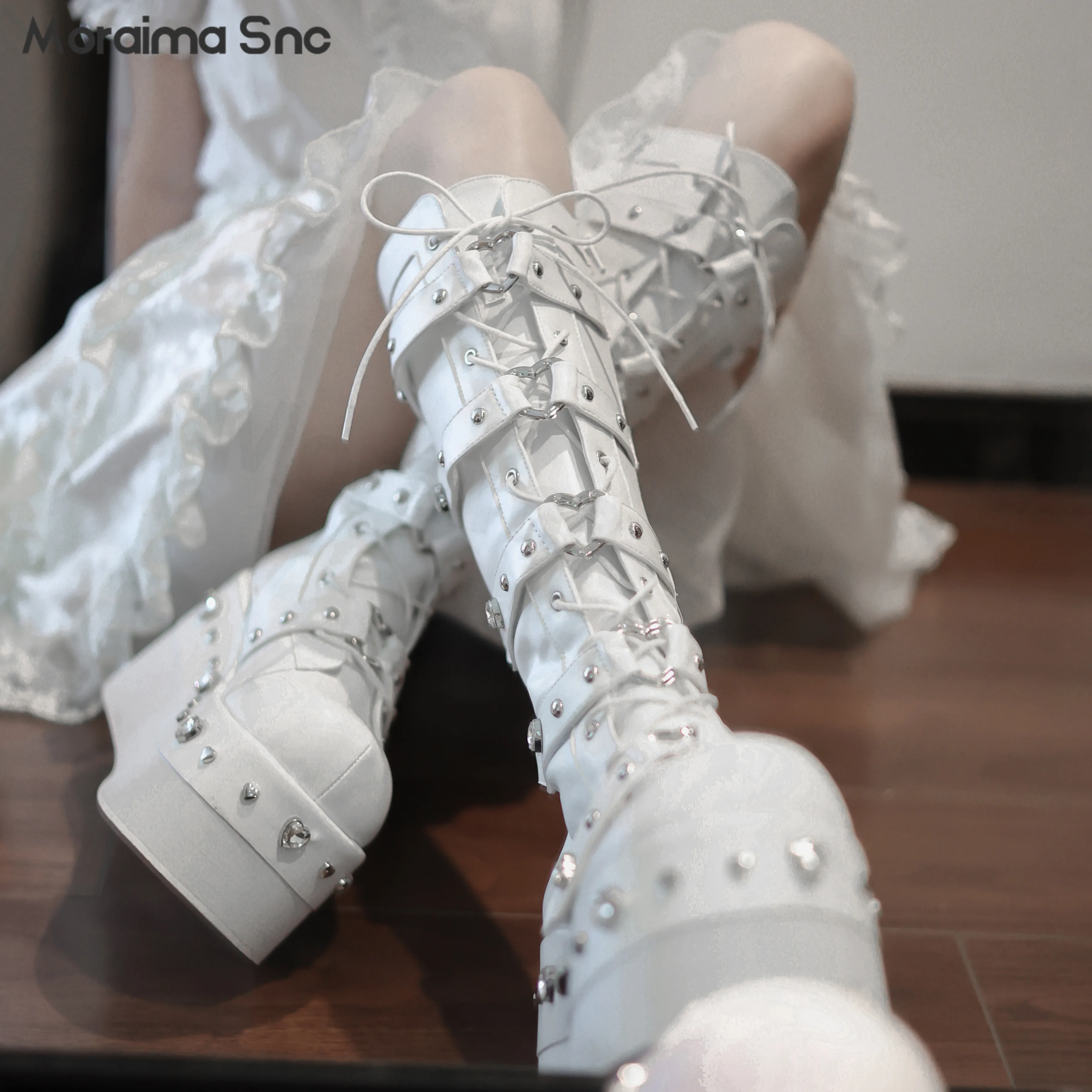 Y2K Love Rhinestone Thick-Soled Mid-Tube Boots Black White Heightened Thick-Soled Round Head Belt Buckle Gothic Women's Boots